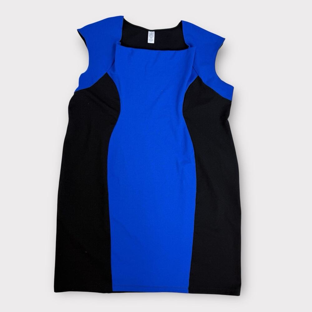 Avon Sheath Dress Size 3X Cobalt Blue Black‎ Hourglass Illusion Stretchy Knit